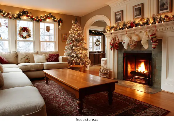 Cozy Christmas Living Room with Fireplace