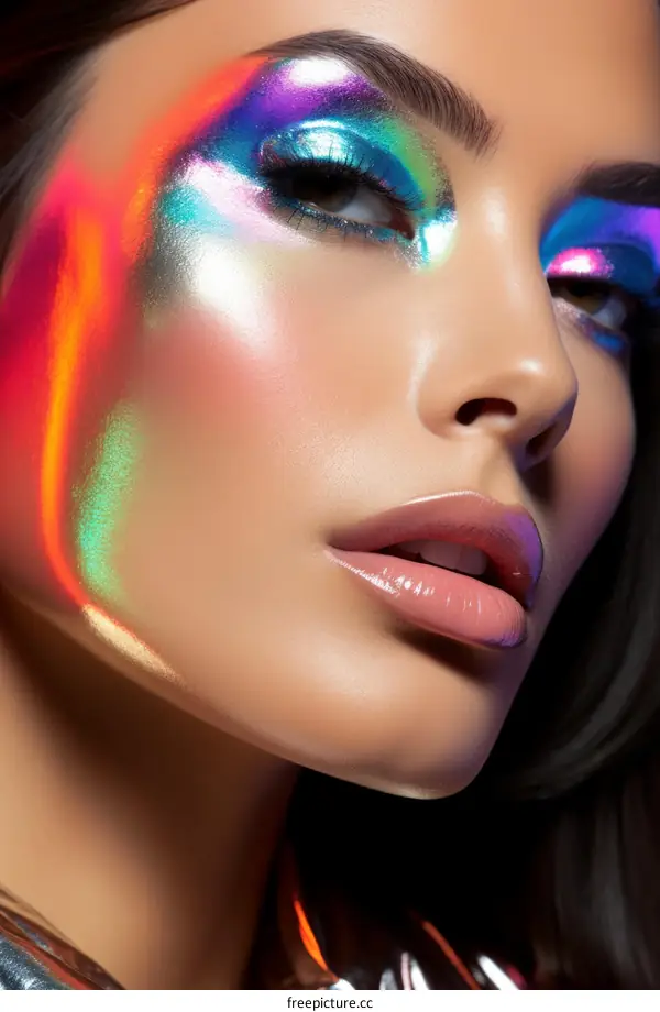 A close-up of a woman's face with colorful makeup