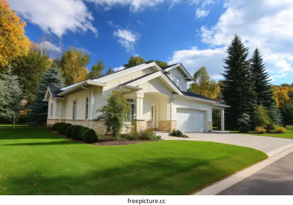 Modern House with Lush Landscaping in Sunny Day