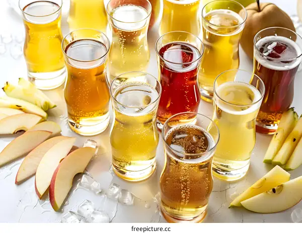 Apple Cider in Glasses with Sliced Apples on White Background