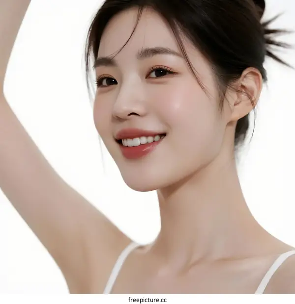 A young woman with a bright smile showing her beautiful skin