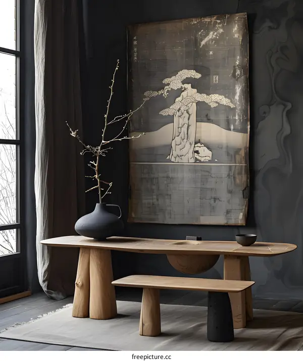 Japanese Wood Table and Bench with Ancient Print