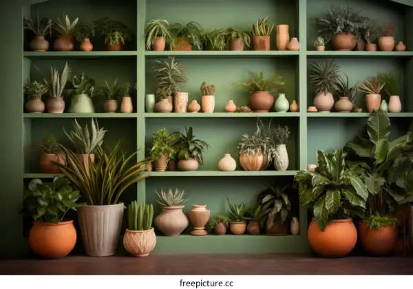 Potted Plants on Shelves Against a Green Wall