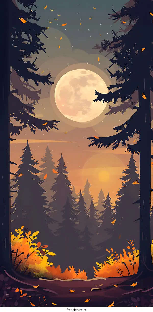 Full Moon Over Autumn Forest Illustration