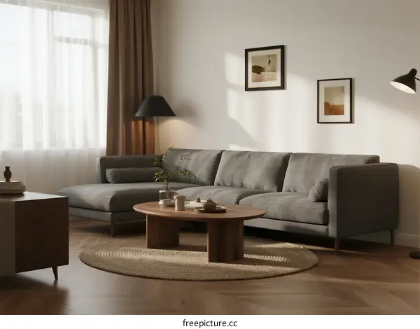 Modern Living Room with Gray Sectional Sofa and Wooden Coffee Table