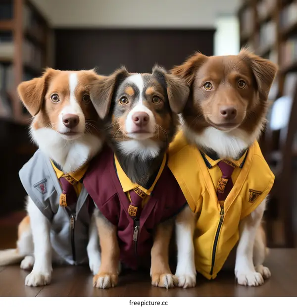 Three Australian Shepherd Dogs Wearing School Uniforms