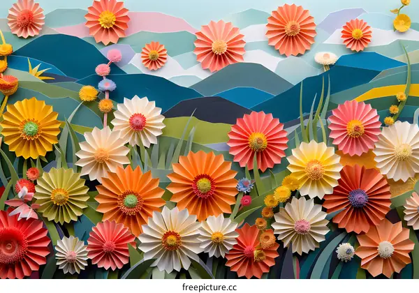 Paper Flowers and Mountains Landscape