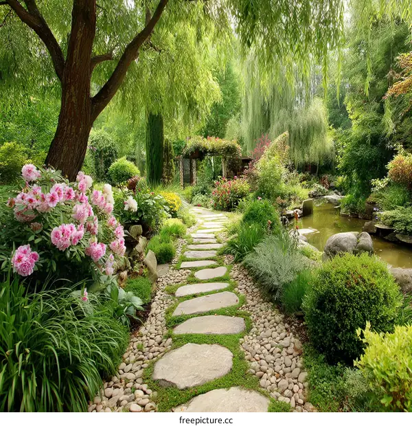 A Peaceful Garden Pathway with Lush Greenery