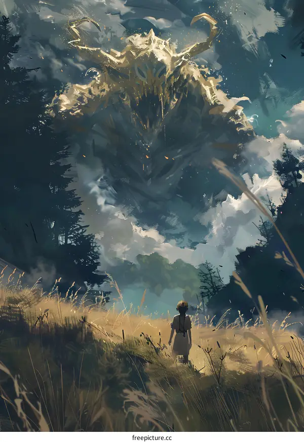 A Little Girl Looking Up At A Giant Monster