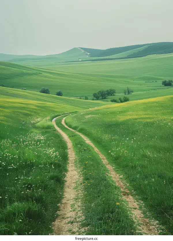 Countryside dirt road through a lush green landscape with trees