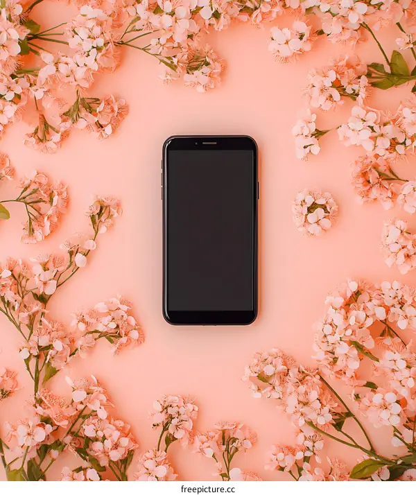 Floral Background with a Black Smartphone