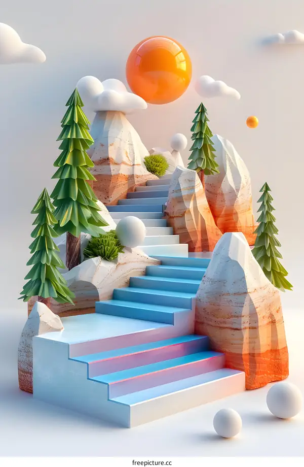3D illustration of a staircase leading up to a mountain peak with clouds and a sun in the background