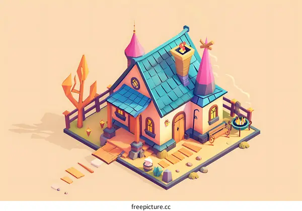 Cute Low Poly Cartoon Style House Illustration