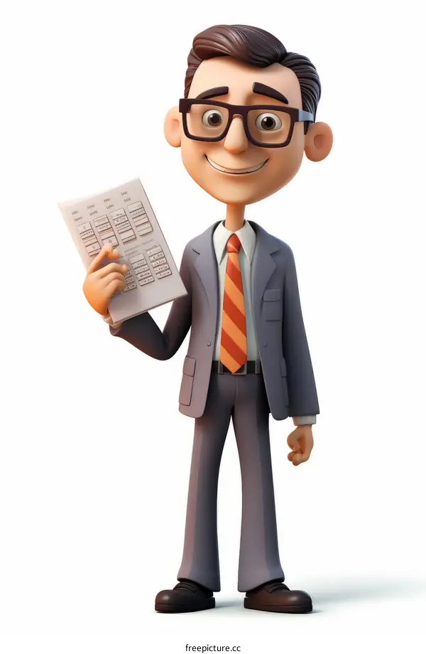 3D illustration of a businessman in a suit and tie holding a clipboard