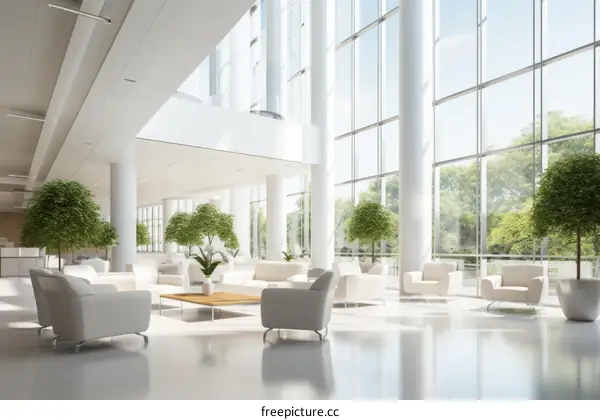 Bright and Airy Lobby with Modern Furniture and Plants