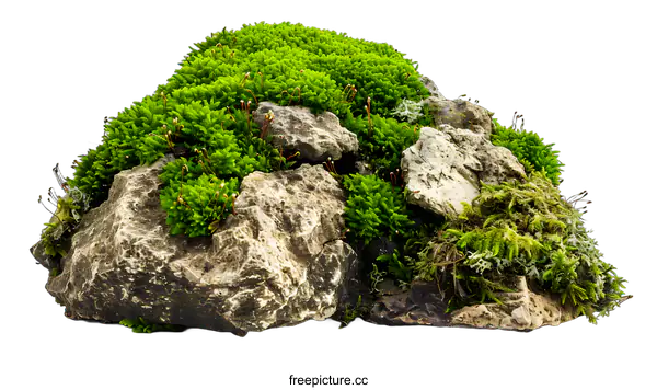 [Transparent Background PNG]Green Moss and Rocks Isolated on White Background