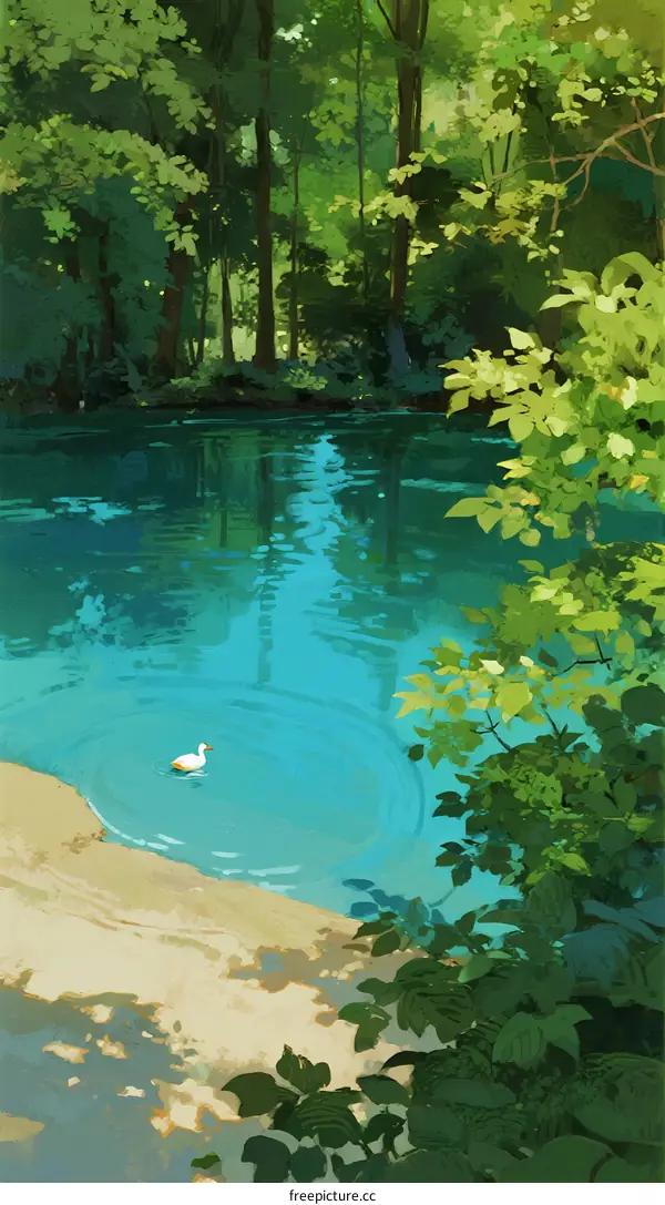 A Serene Forest Pond with Calm Water and Floating Duck