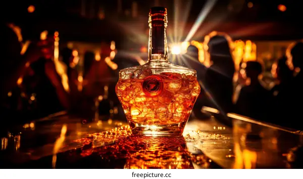 Crystal Head Vodka bottle on bar with party lights in background