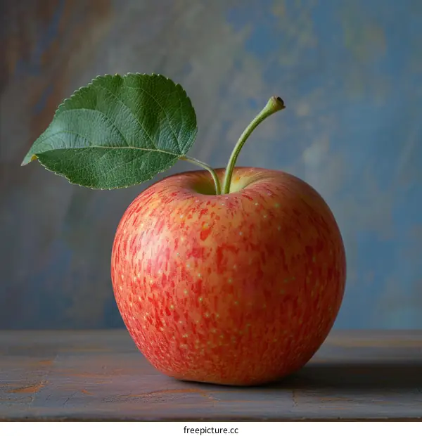 Fresh Red Apple with Green Leaf on Wooden Table