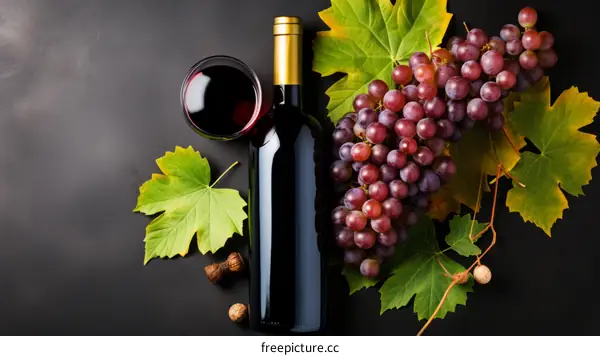 Red Wine Still Life: Bottle, Glass, and Grapes
