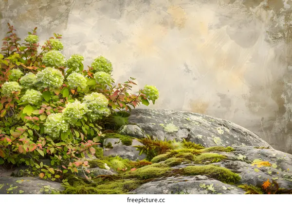 Green Bush Growing On Mossy Rocks