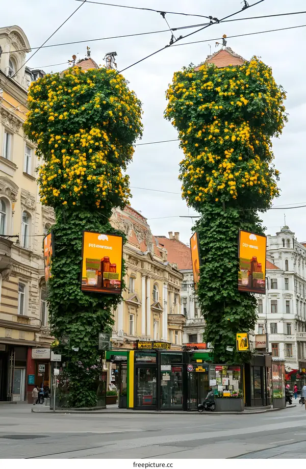 Two Tall Green Trees Covered in Yellow Flowers Standing in Front of Buildings in a City