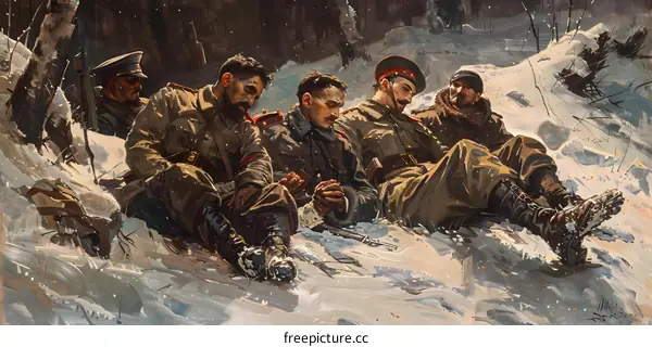Russian Soldiers Resting in the Snow During Winter