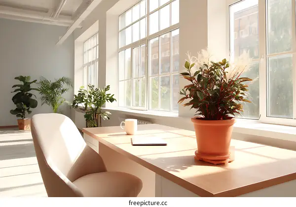 Sunny Workspace with Plants and Windows