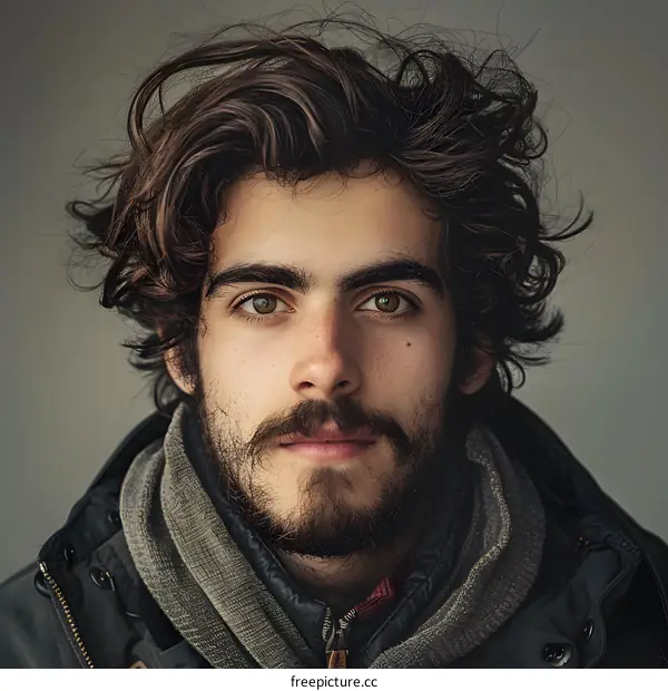 Portrait of a Handsome Man With Long Hair and a Beard