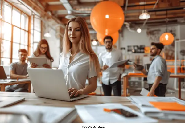 Focused businesswoman working on laptop in modern office with colleagues in background