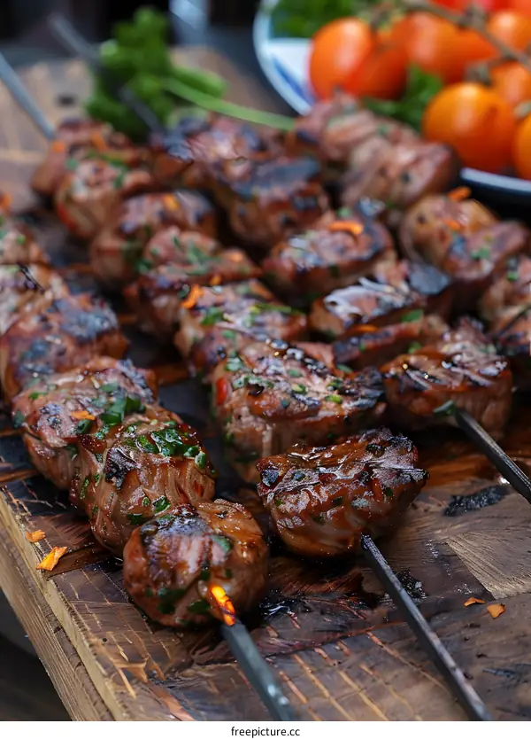 Beef tenderloin skewers with tomatoes and parsley