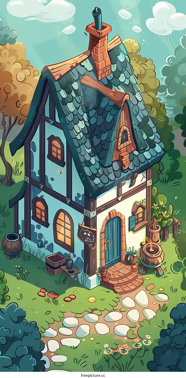 Cute Cartoon Cottage Illustration With A Brick Chimney And Stone Path