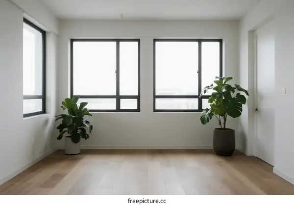 Bright and empty room with large windows and indoor plants