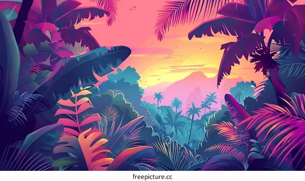 Tropical Sunset Landscape Illustration with Palm Trees and Lush Foliage