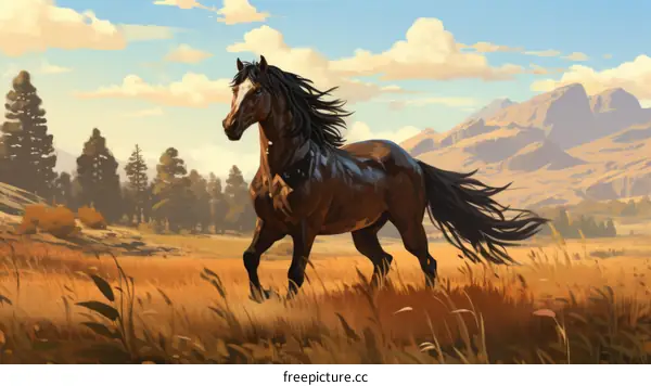 A beautiful dark brown horse gallops across a grassy field