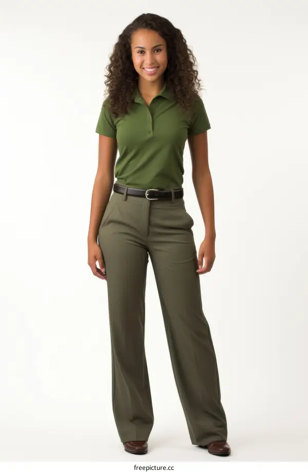 A young woman wearing a green short-sleeved polo shirt and khaki pants