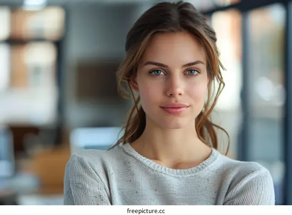 Caucasian Woman Portrait in a Light Gray Sweater