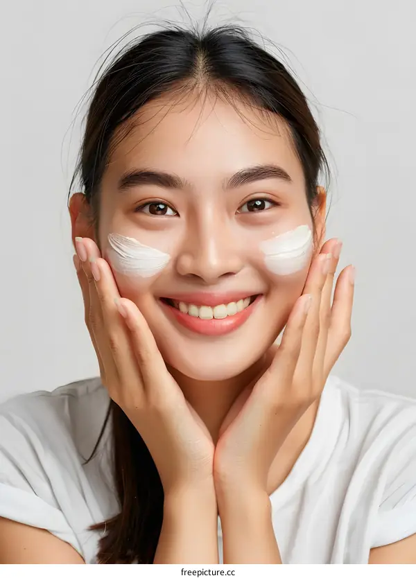 Young Asian Woman Applying Face Cream with a Smile
