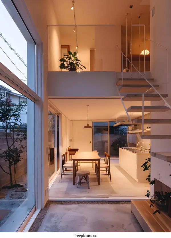 Modern Minimalist Interior Design with Open Staircase and Dining Area