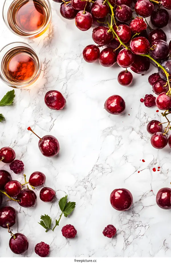 Red Grapes Cherries and Raspberries on Marble Background