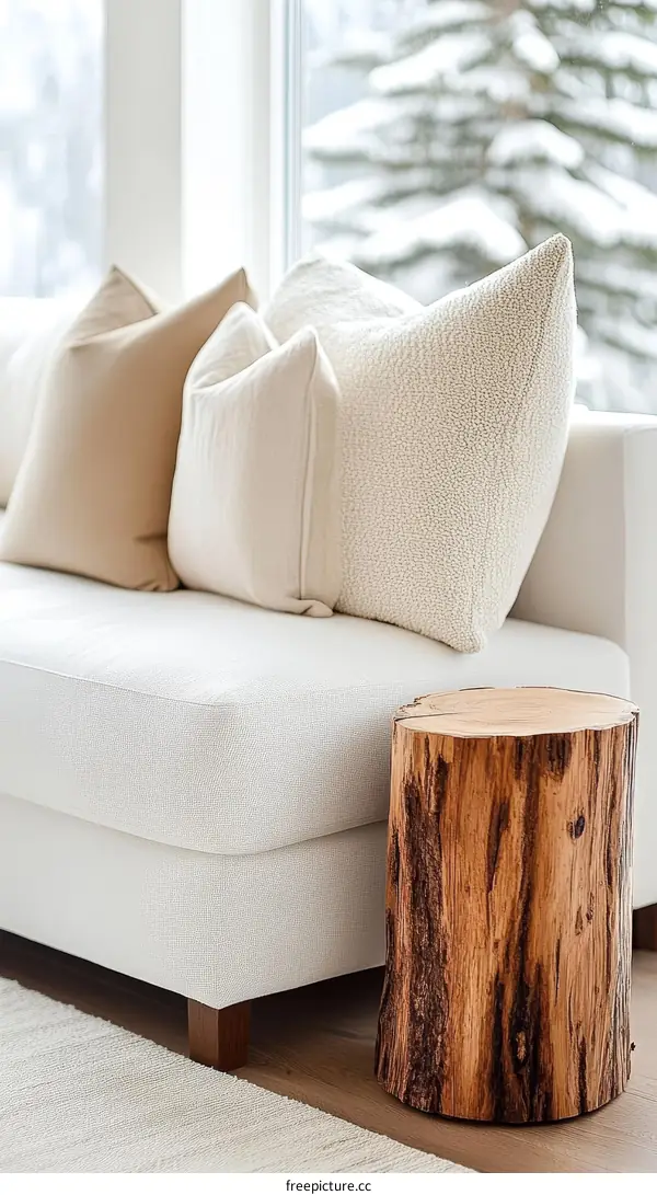 Modern Cozy Living Room Decor with Wooden Stump Table