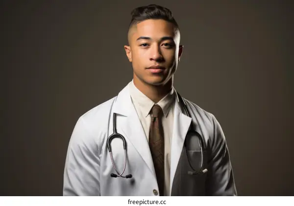 Portrait of a young male doctor of Asian ethnicity wearing a white coat and stethoscope