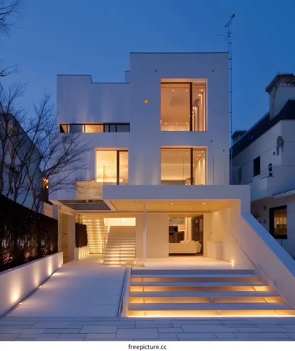 Modern White House Exterior Design With Illuminated Staircase