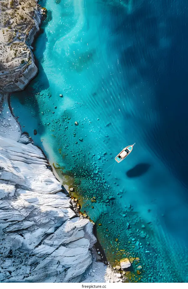 Aerial View of a Small Boat Anchored in Clear Blue Water