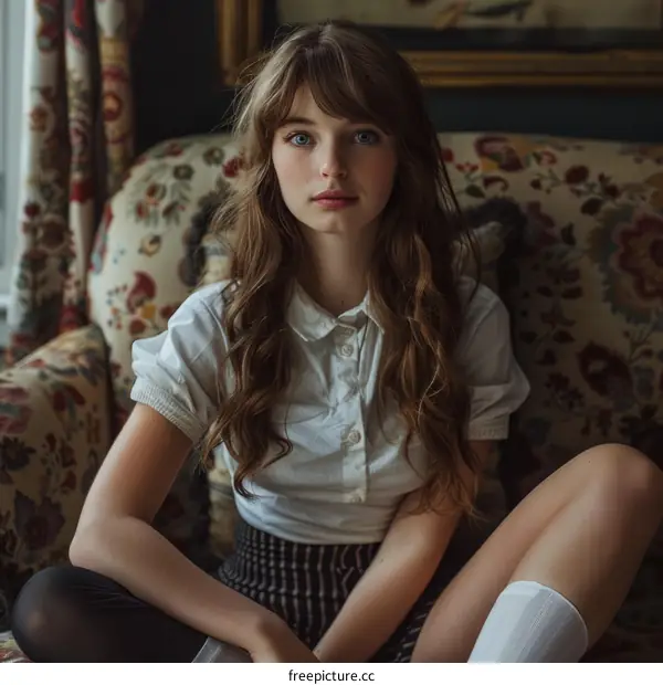 Young Caucasian Woman Sitting on Sofa