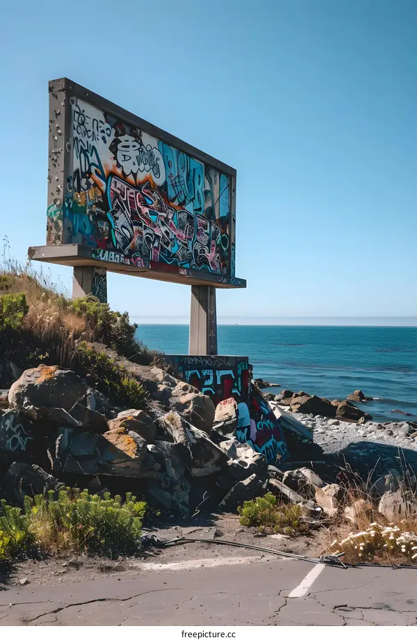 Graffiti Covered Billboard by the Ocean