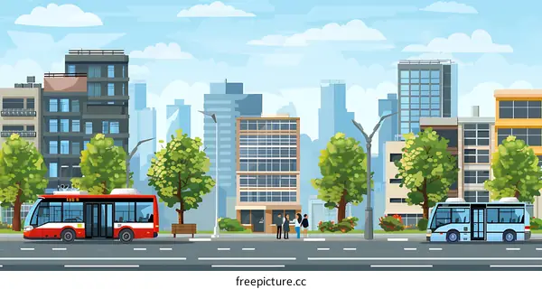 Cityscape with Bus, Buildings and People