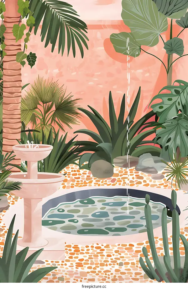 Tropical Garden with Small Fountain and Pond