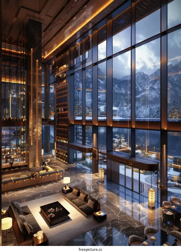 Modern Luxury Hotel Lobby with Panoramic Mountain View