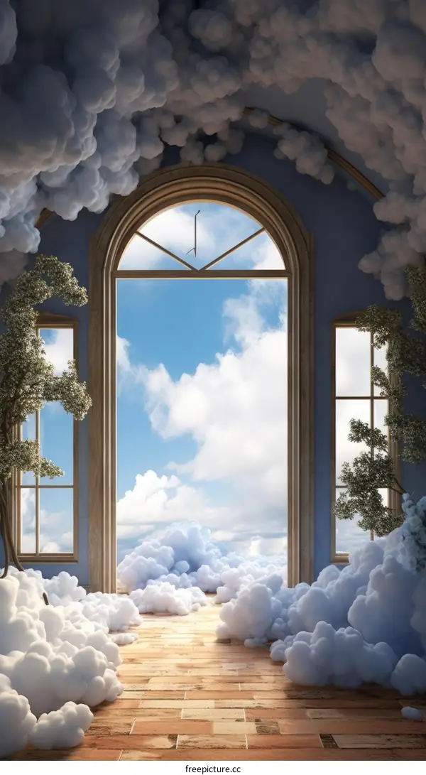 Surreal Painting of a Room Filled with Clouds